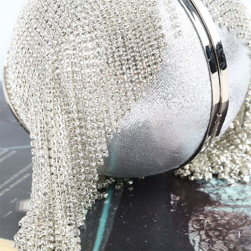 Rhinestone Evening Clutch Bag Ladies pochette Tassel Band Bracelet Party Banquet Women's Bag Gold wristband Spherical purses