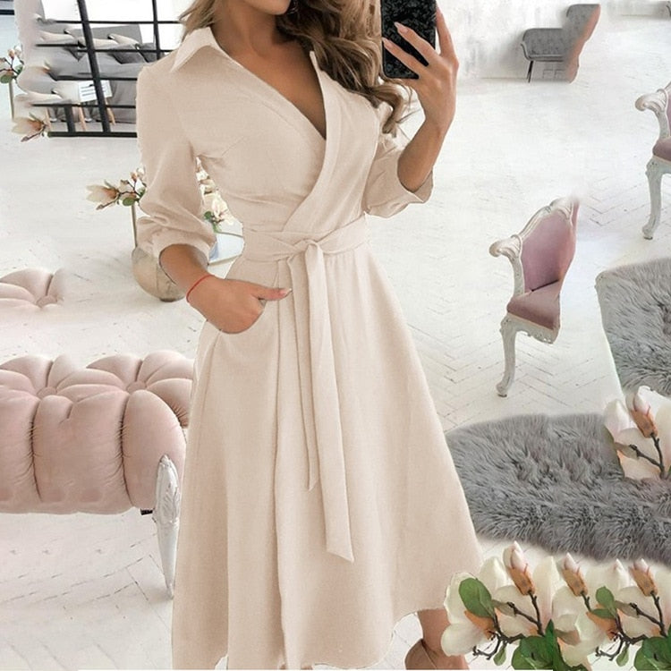 Elegant Floral Print A-line Midi Dress Women Turn-down Collar Belt Pleated Casual Dress Office Ladies Chic Autumn Vestidos 2022