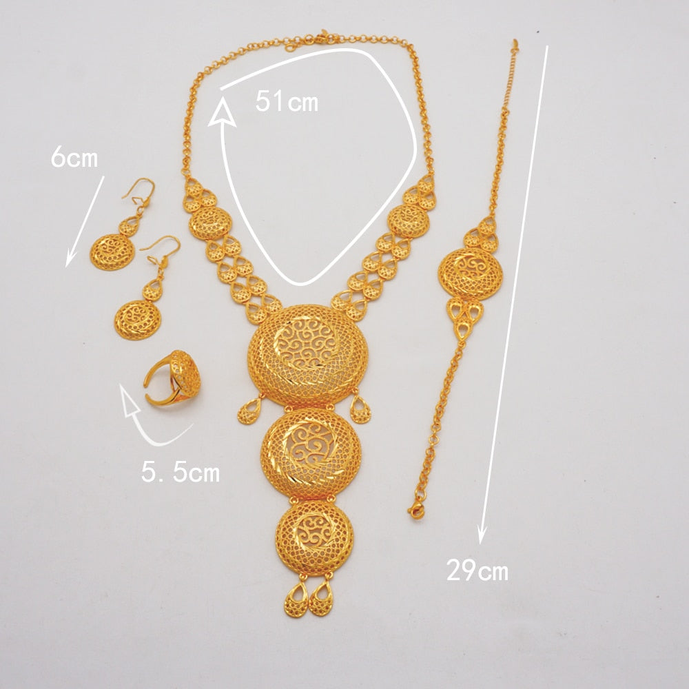 Luxury Dubai Gold Color Jewelry Sets African Bridal Wedding Flower Jewelry Sets Necklace Bracelet Earrings Ring Set Lady Gift