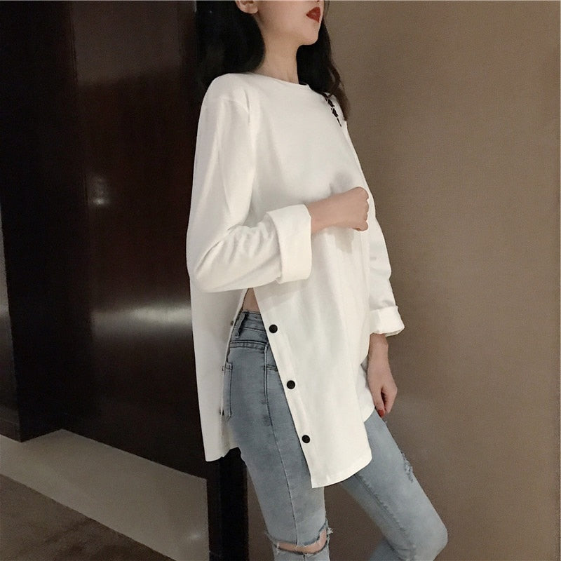 2022 spring Split Side Button White black Long Tshirt O-Neck Women shirts autumn Arrival Harajuku solid oversized T shirt tops