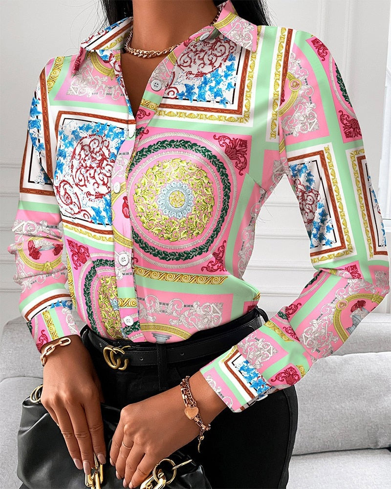 Blouses Woman Casual Office Print Shirts Autumn Fashion Button Long Sleeve White Shirt Elegant Patchwork Slim Tops Women 2022