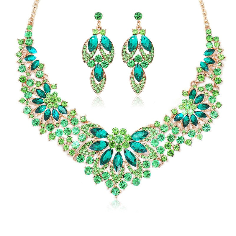 Luxury Exquisite Green Crystal Leaf Dubai Jewelry Sets For Women Wedding Party Jewelry Accessories Stud Earrings & Necklace Gift