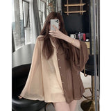 Feiernan Chiffon Cardigan Vintage Shirt Oversize Spliced Blouse Women Korean Fashion Summer 2022 Flare Sleeve Patchwork Tops