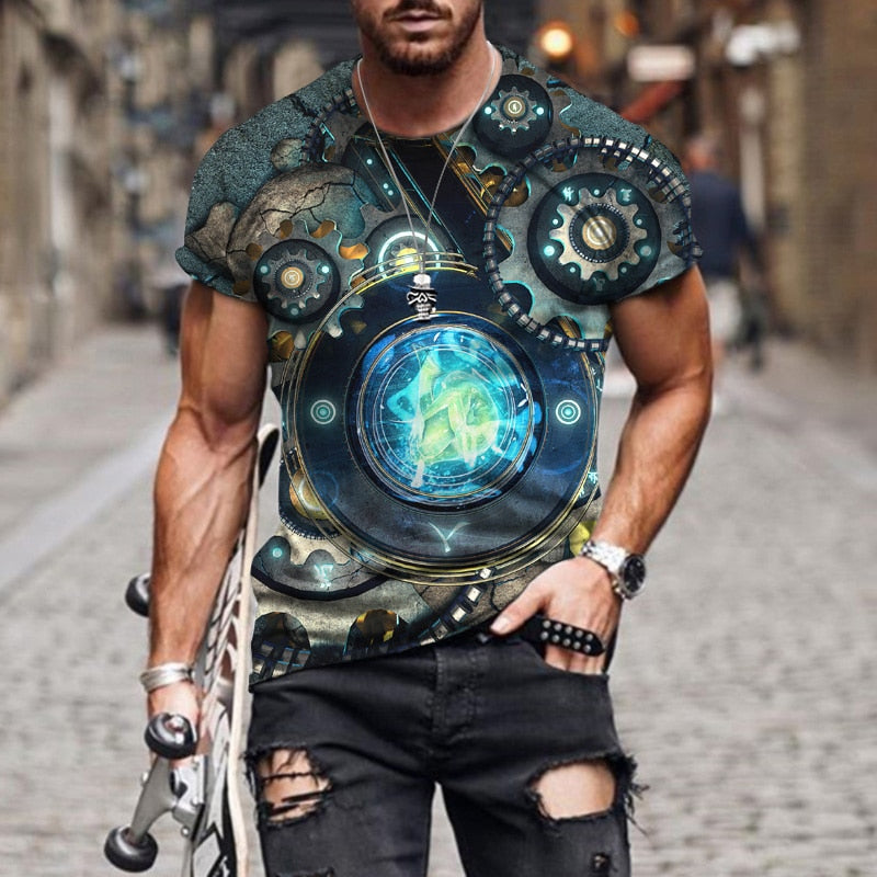 Summer New Men's Fashion T-shirt Stone Clock Like Harajuku 3D Printing Casual Sports T-shirt Round Neck Retro Short-sleeved Top