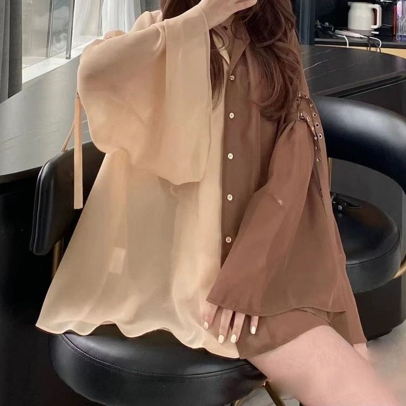 Feiernan Chiffon Cardigan Vintage Shirt Oversize Spliced Blouse Women Korean Fashion Summer 2022 Flare Sleeve Patchwork Tops