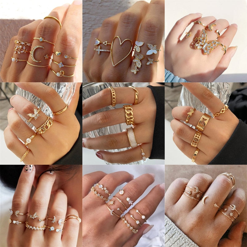 KOTiK Trendy Bohemian Midi Knuckle Ring Set For Women Gold Color Crystal Heart Flower Moon Geometric Finger Rings Jewelry Gifts