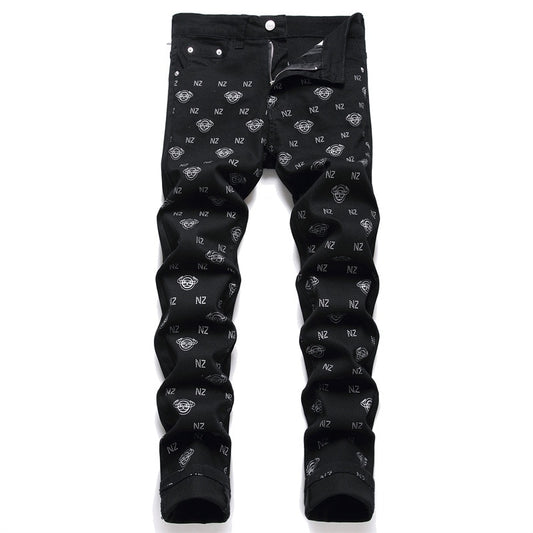 Black Men's Digital Print Cotton Jeans Mid-Waist Casual Hip Hop Pants Street Bike Fashion Clothing