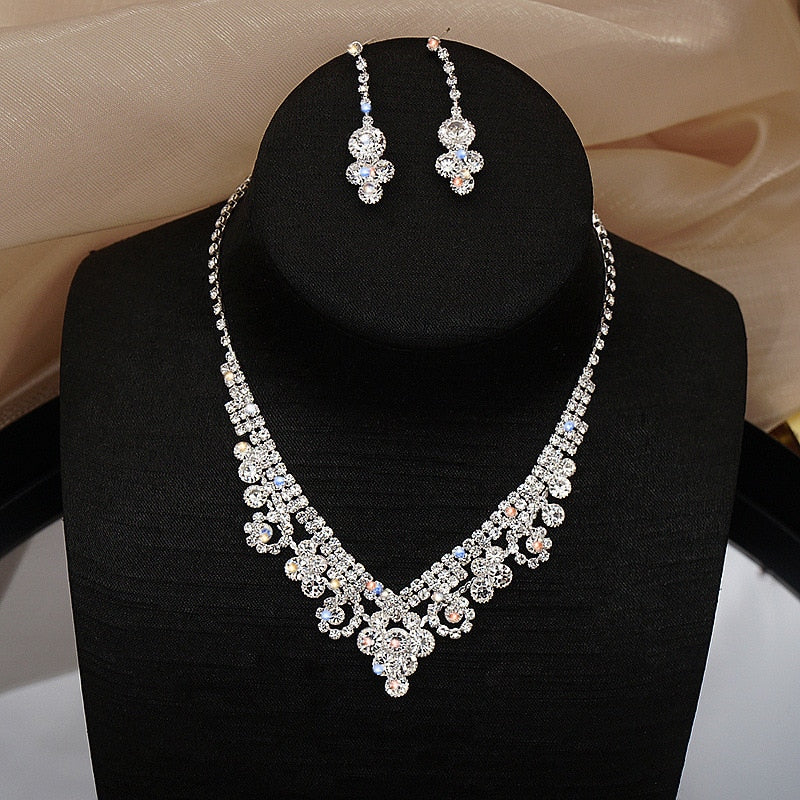 Bride Wedding Dress Necklace Earring Set Simple Full Diamond Super Flash Rhinestone Necklace Jewelry Advanced Accessories