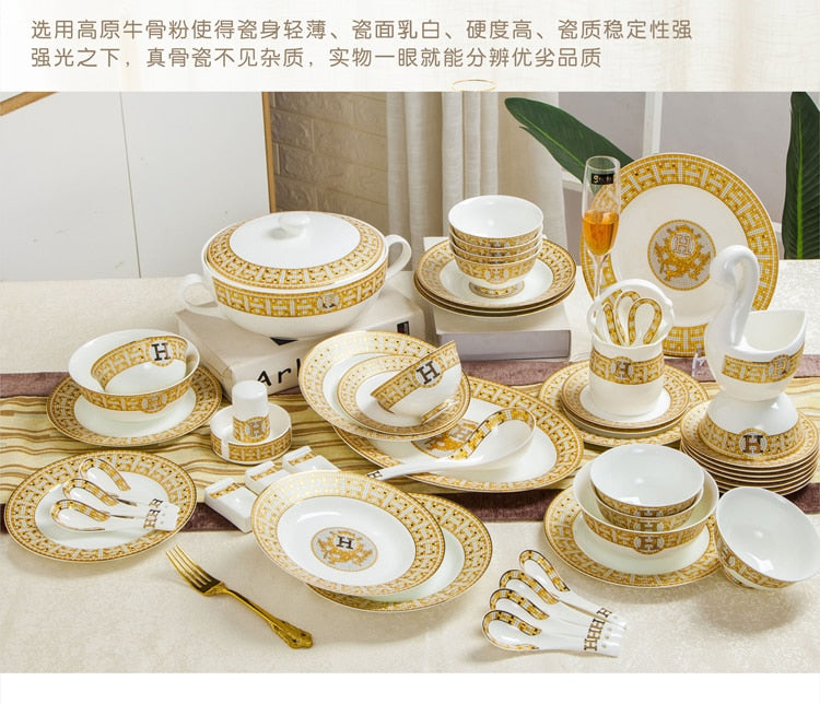 Free combination of high-end bone china single bowl dish Jingdezhen European luxury gilt edged tableware set