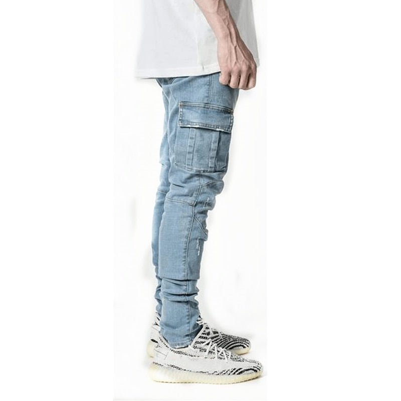 Jeans Men Pants Casual Cotton Denim Trousers Multi Pocket Cargo Jeans Men New Fashion Denim Pencil Pants Side Pockets Cargo