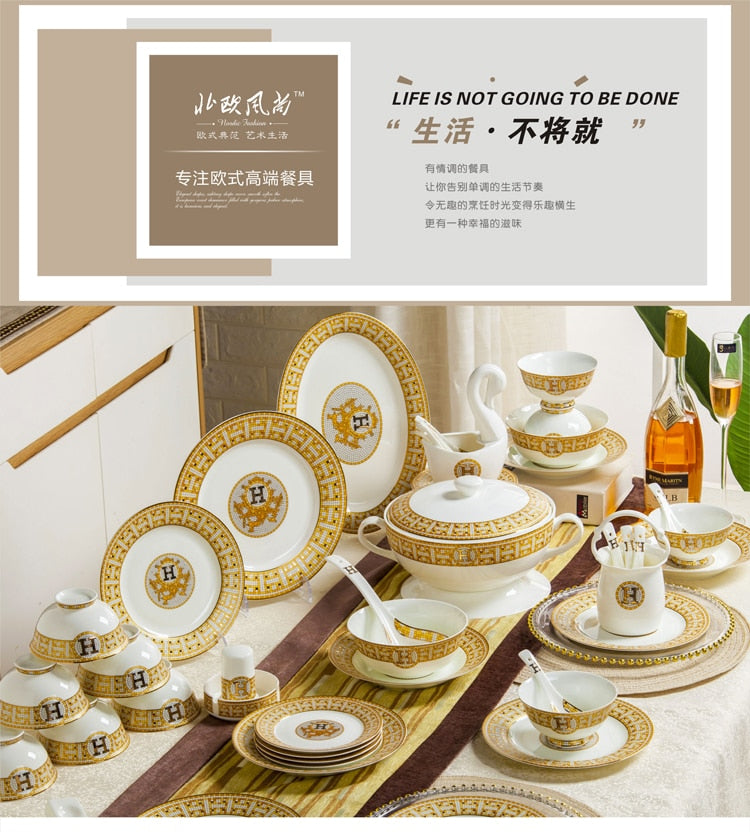 Free combination of high-end bone china single bowl dish Jingdezhen European luxury gilt edged tableware set