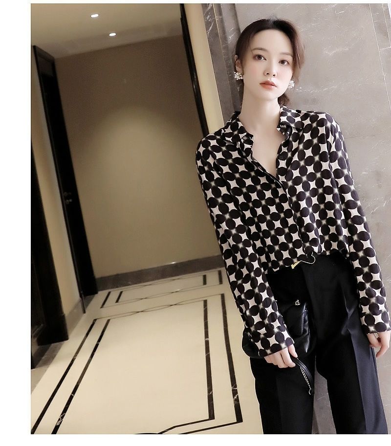 Office Lady Elegant Geometric Print Button Chiffon Shirt Spring Autumn 2022 Polo-Neck Long Sleeve Loose Blouse Women's Clothing