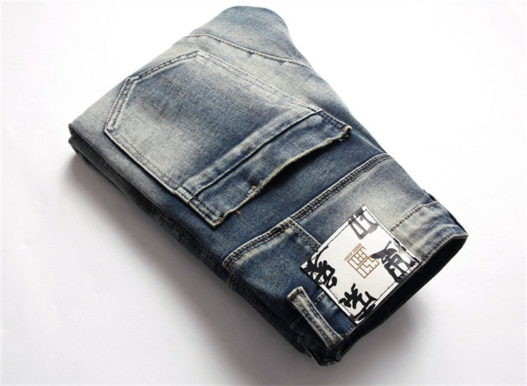 High Quality Fashion Stitching Jeans Slim Cotton Zipper Mid-Waist Casual Hip Hop Motorcycle Street Style Dtretch Pants