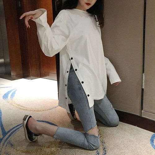 2022 spring Split Side Button White black Long Tshirt O-Neck Women shirts autumn Arrival Harajuku solid oversized T shirt tops