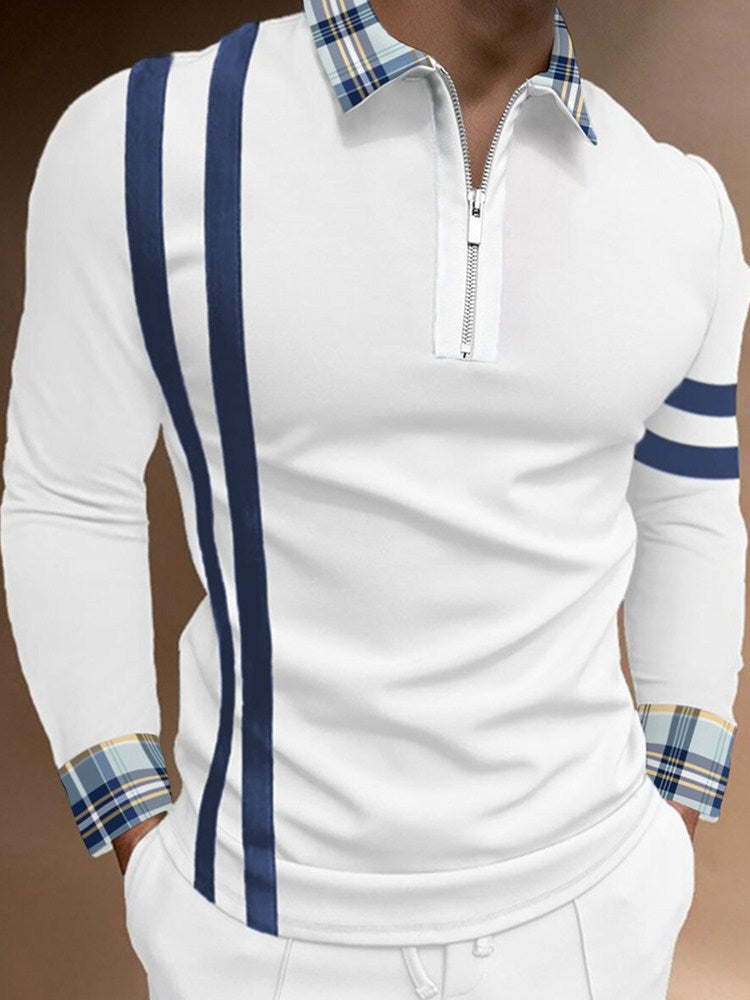 2023 New Trend Men's FashionGrid stripe Lapel Shirt Long Sleeve Men's Stitching Casual Sport T-shirt Tops US S-3XL