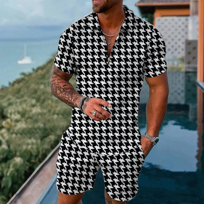 2022 Summer Men's Sportswear Suit Plaid printed short sleeve Zipper Polo Shirt Suit Vacation suit 2 pieces