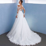 Sexy Lace Long Sleeve Wedding Dress Ball Gown 2022 Elegant Appliques Bridal Gown Sheer Neck Illusion Tulle Button Sweep Train
