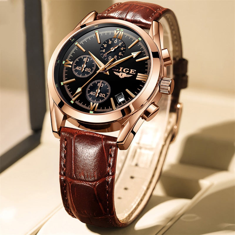 2022 LIGE New Fashion Mens Watches Top Brand Luxury Military Quartz Watch Premium Leather Waterproof Sport Chronograph Watch Men