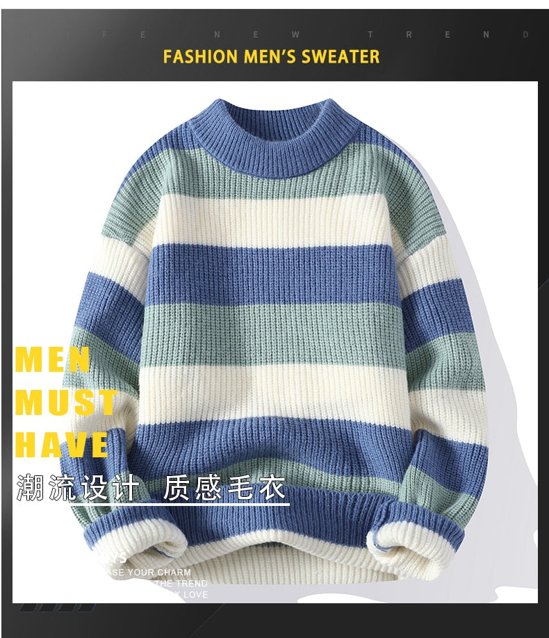 High End Men's Winter Sweater Pullover Clothing Korean Classic Multicolor stripe New O Neck Anti-pilling Handsome Casual 2022