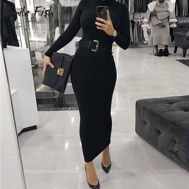 Turtleneck Long Dress Autumn Winter Muslim Elegant Office Lady Skinny Long Sleeve Bodycon Casual Dress Women Midi Clubwear