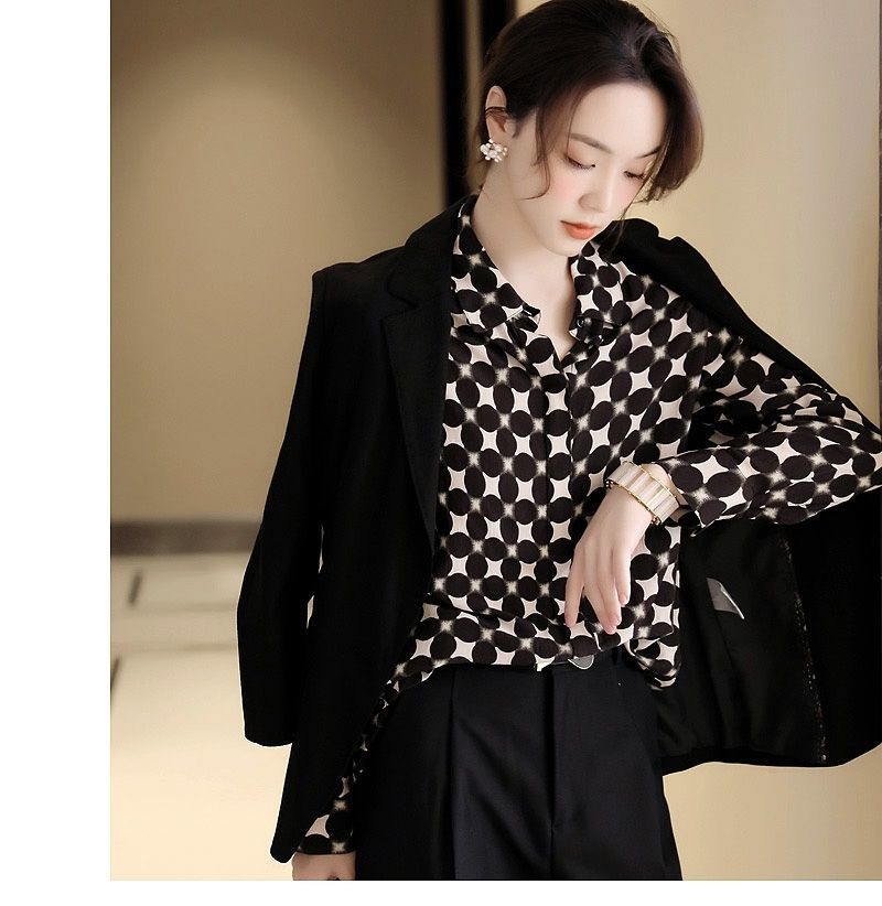 Office Lady Elegant Geometric Print Button Chiffon Shirt Spring Autumn 2022 Polo-Neck Long Sleeve Loose Blouse Women's Clothing