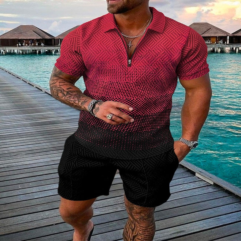 Men's Suit 3D Color Stitching Print Summer Short Sleeve Polo Shirt Shorts Suit Fashion Zipper Polo Shirt Two Piece Set New