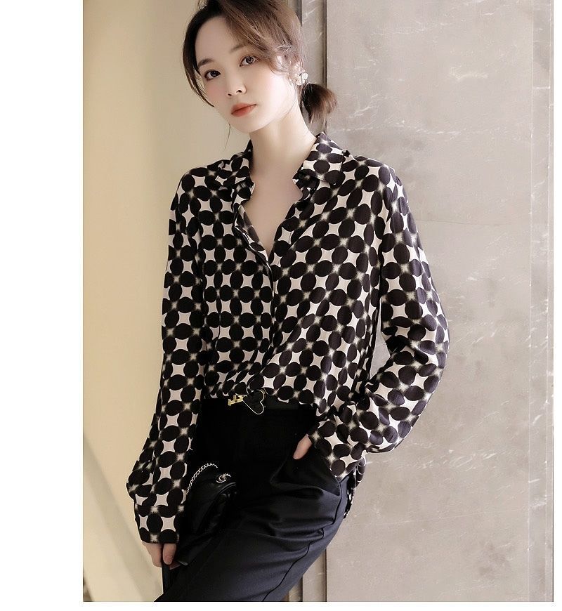 Office Lady Elegant Geometric Print Button Chiffon Shirt Spring Autumn 2022 Polo-Neck Long Sleeve Loose Blouse Women's Clothing