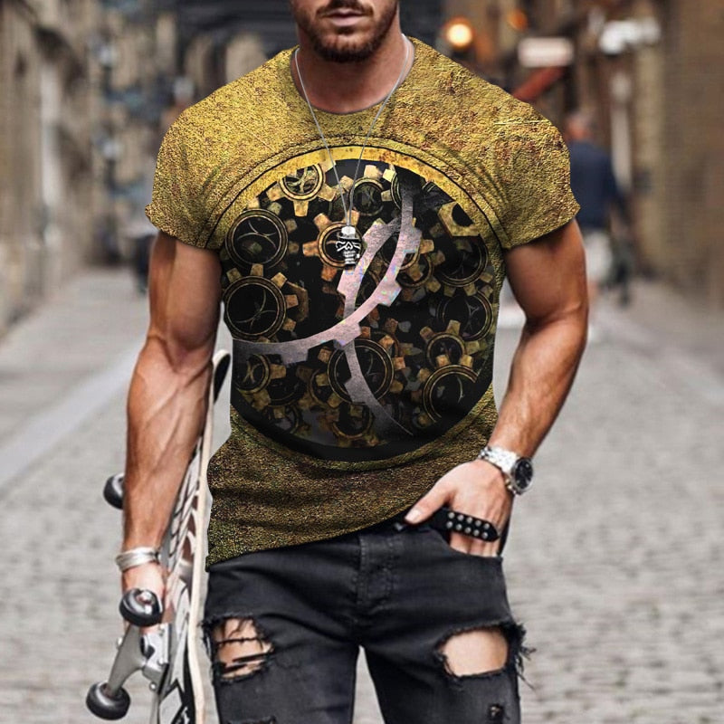 Summer New Men's Fashion T-shirt Stone Clock Like Harajuku 3D Printing Casual Sports T-shirt Round Neck Retro Short-sleeved Top