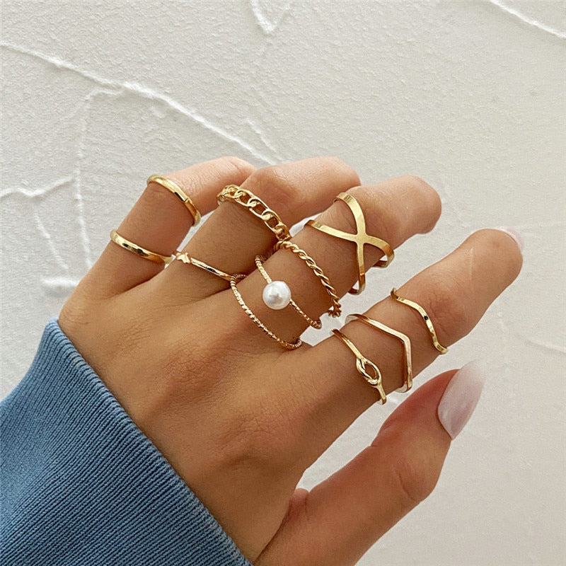 Boho Gold 22pcs Heart Rings Set For Women Vintage Geometric Cross Pearl Butterfly Finger Rings Women's 2022 Trendy Jewelry Gift