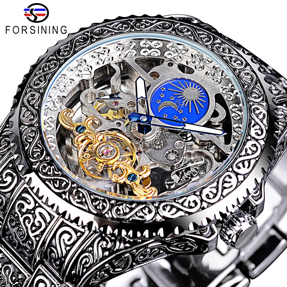 Forsining Mechanical Watch Men Tourbillon Automatic Wristwatch Luxury Hollow Waterproof New Mens Fashion Watches With Moon Pash