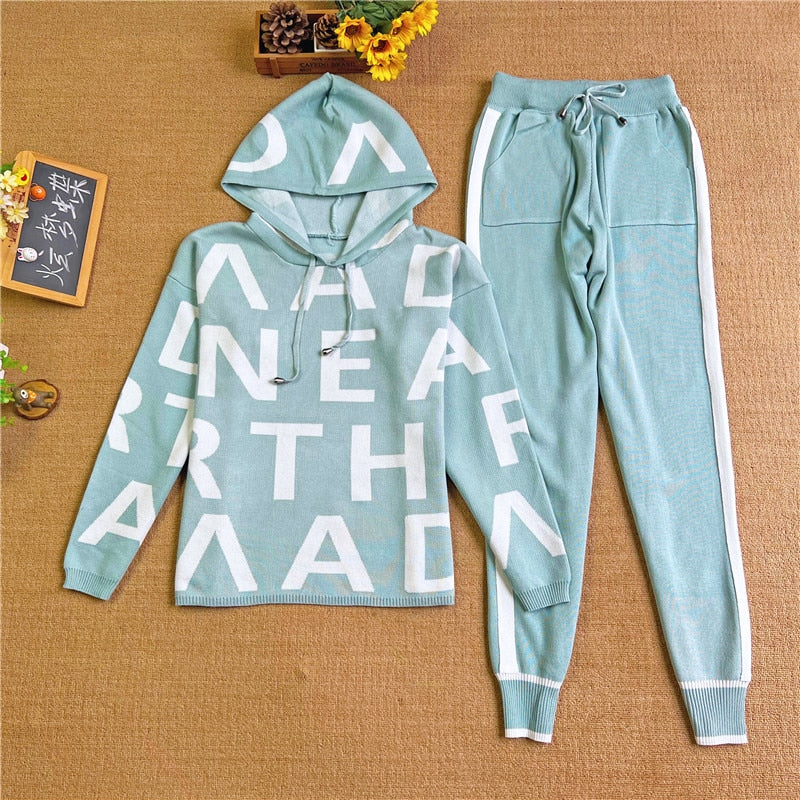 Fashion Autumn Women 2 Pieces Sets Casual Letter Print Patchwork Loose Knitted Sweater Sports Harlan Pants Suits Spring