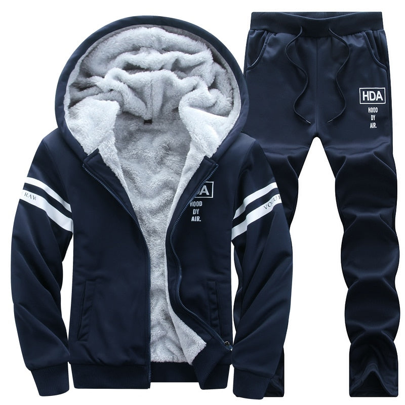 8XL Fleece Men Winter Set Fashion Casual Tracksuit Thick Sweatshirt+Pants Sportswear Suit Mens Autumn Warm Hooded Outerwear Suit