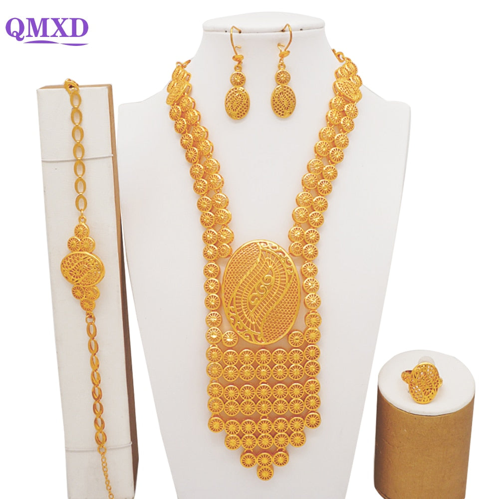 Luxury Dubai Gold Color Jewelry Sets African Bridal Wedding Flower Jewelry Sets Necklace Bracelet Earrings Ring Set Lady Gift