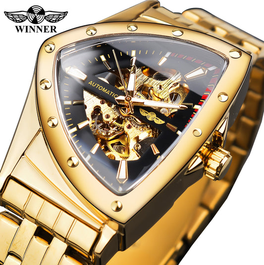 Winner Golden Stainless Steel Watch Steampunk Swiss Design Mens Triangle Skeleton Transparent Automatic Mechanical Male Watches