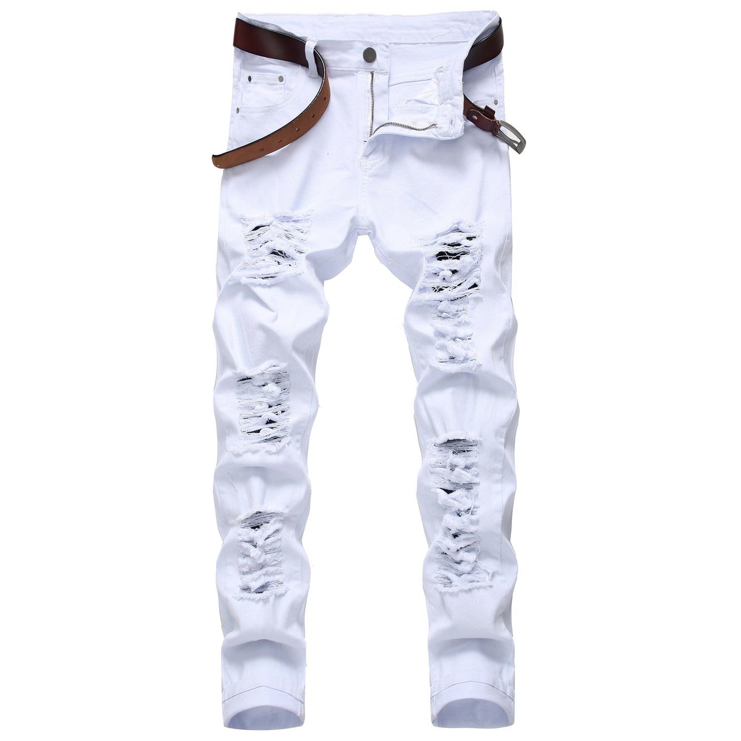 Men's White Jeans Fashion Hip Hop Ripped Skinny Men Denim Trousers Slim Fit Stretch Distressed Zip Men Jean Pants High Quality