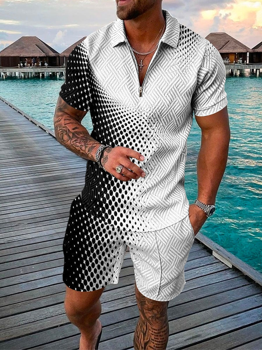 Men's Suit 3D Color Stitching Print Summer Short Sleeve Polo Shirt Shorts Suit Fashion Zipper Polo Shirt Two Piece Set New