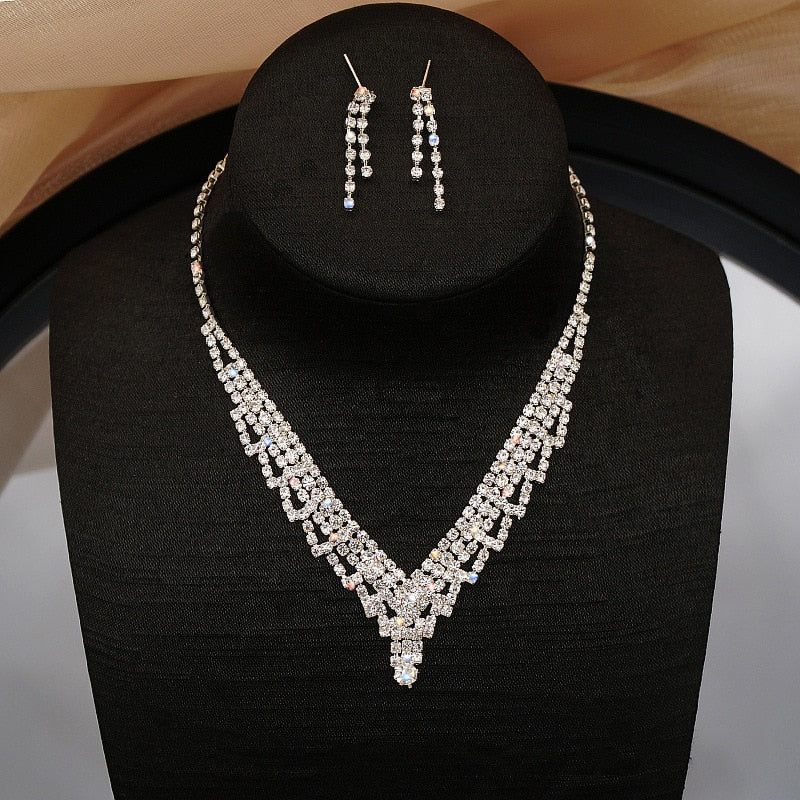 Bride Wedding Dress Necklace Earring Set Simple Full Diamond Super Flash Rhinestone Necklace Jewelry Advanced Accessories