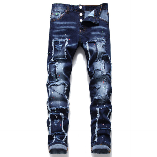 High Quality Fashion Stitching Jeans Slim Cotton Zipper Mid-Waist Casual Hip Hop Motorcycle Street Style Dtretch Pants