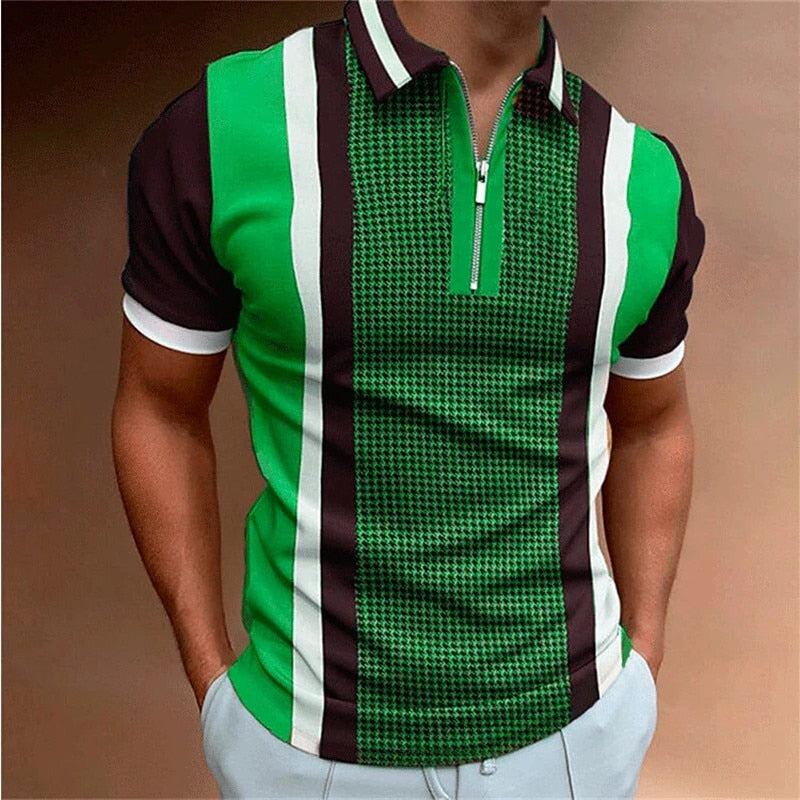 Men Polo Shirts 2022 Summer Print Casual Daily Short Sleeve Plaid Mens Polo Fashion Lapel Zipper Patchwork Street Clothes