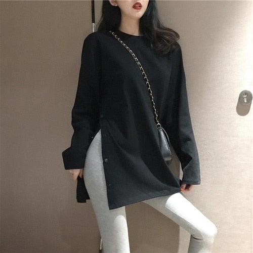 2022 spring Split Side Button White black Long Tshirt O-Neck Women shirts autumn Arrival Harajuku solid oversized T shirt tops