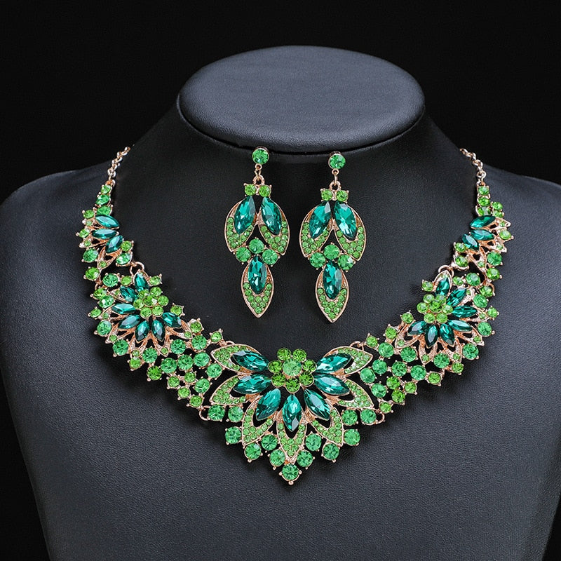 Luxury Exquisite Green Crystal Leaf Dubai Jewelry Sets For Women Wedding Party Jewelry Accessories Stud Earrings & Necklace Gift