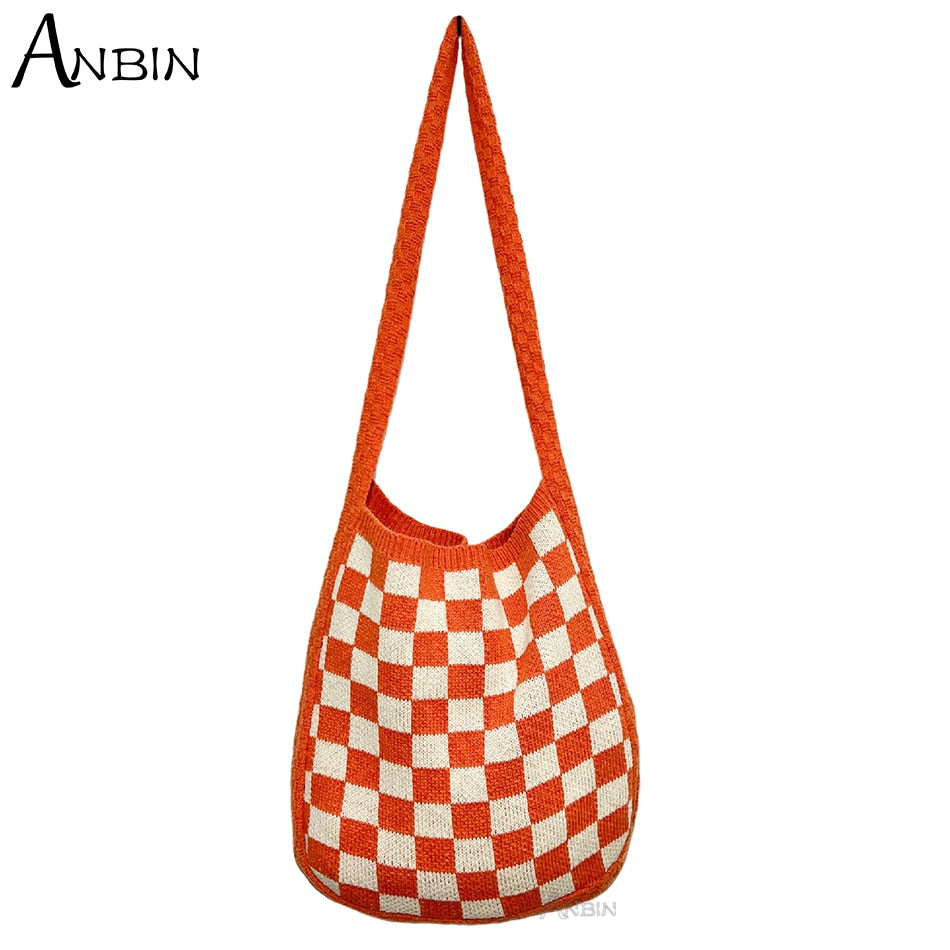 Korean Trend Women's Bag Female Shoulder Checker Plaid Design Knit Handbag Hobos Vintage Fashion Crochet Shopper Crossbody Bag