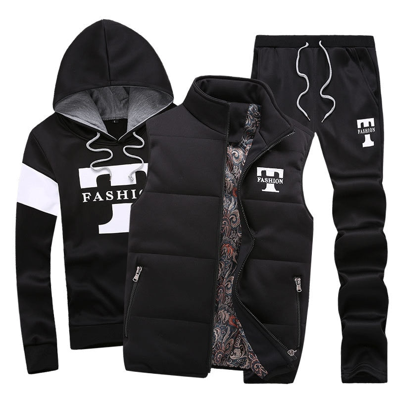 Men's Track Suit 3 Pieces Set Hoodies+Vest+Pants Casual Clothing Coats Winter Thick Warm Tracksuit for Men Printed Mens Set Vest