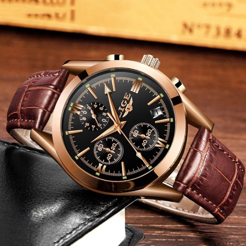 2022 LIGE New Fashion Mens Watches Top Brand Luxury Military Quartz Watch Premium Leather Waterproof Sport Chronograph Watch Men