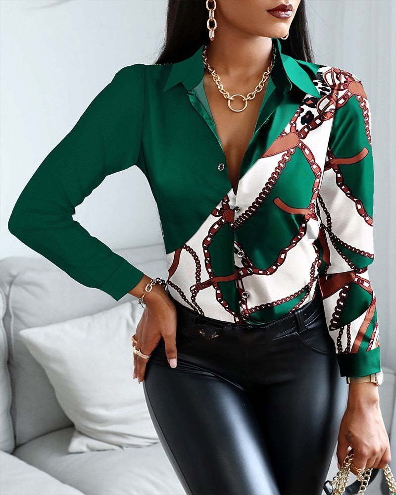 Blouses Woman Casual Office Print Shirts Autumn Fashion Button Long Sleeve White Shirt Elegant Patchwork Slim Tops Women 2022