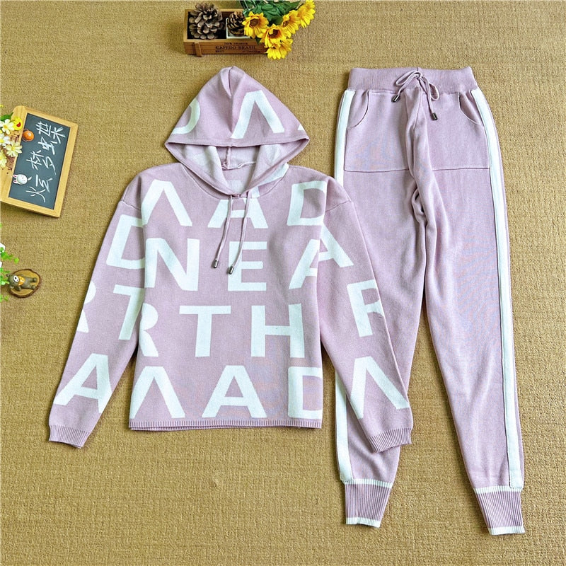 Fashion Autumn Women 2 Pieces Sets Casual Letter Print Patchwork Loose Knitted Sweater Sports Harlan Pants Suits Spring