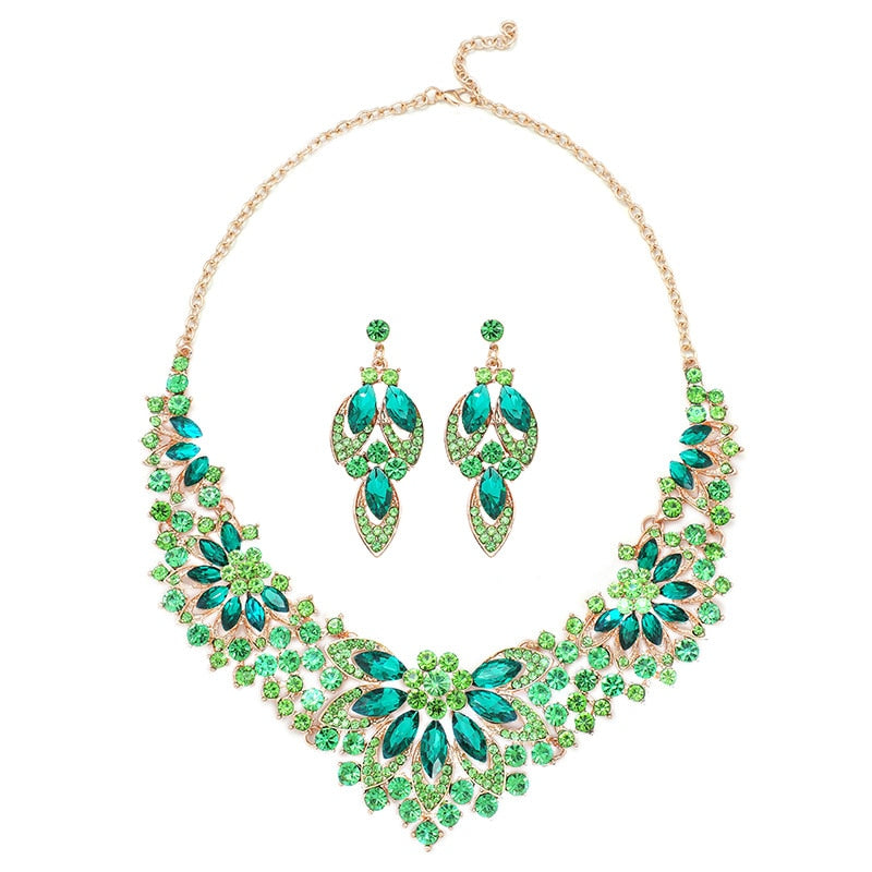 Luxury Exquisite Green Crystal Leaf Dubai Jewelry Sets For Women Wedding Party Jewelry Accessories Stud Earrings & Necklace Gift