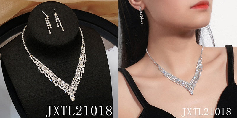 Bride Wedding Dress Necklace Earring Set Simple Full Diamond Super Flash Rhinestone Necklace Jewelry Advanced Accessories