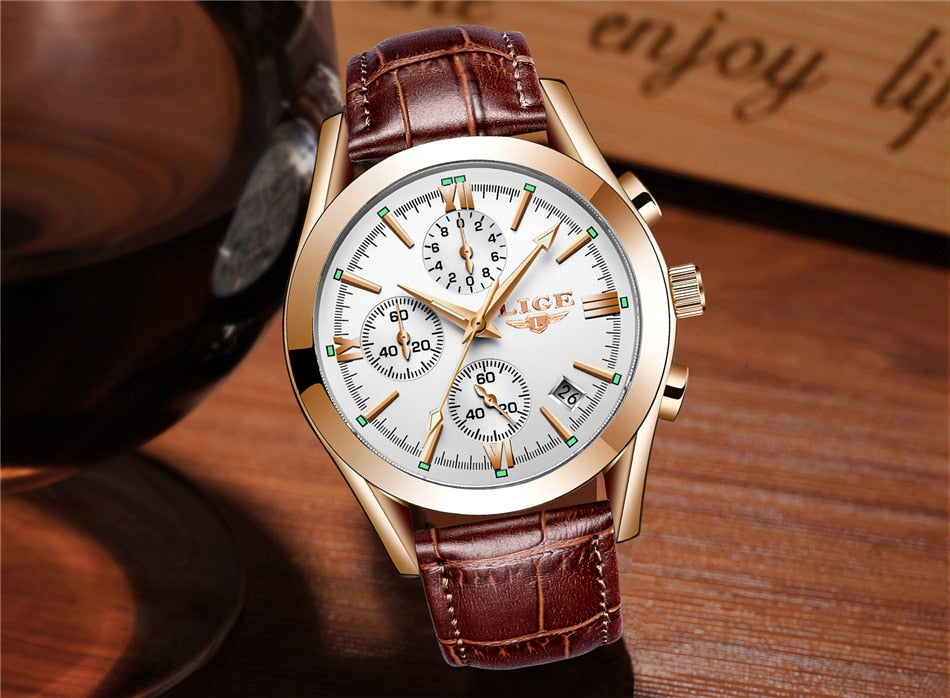 2022 LIGE New Fashion Mens Watches Top Brand Luxury Military Quartz Watch Premium Leather Waterproof Sport Chronograph Watch Men