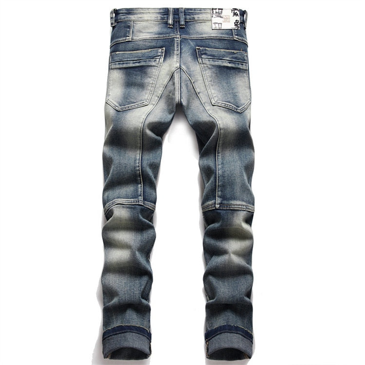 High Quality Fashion Stitching Jeans Slim Cotton Zipper Mid-Waist Casual Hip Hop Motorcycle Street Style Dtretch Pants